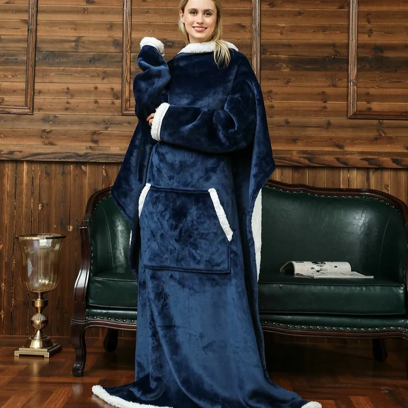 

Home Thicken TV Blanket Hooded Pullover Winter Soft Flange Lamb Fleece Double Warm Wearable Blanket Sofa Lying Throw with Pocket