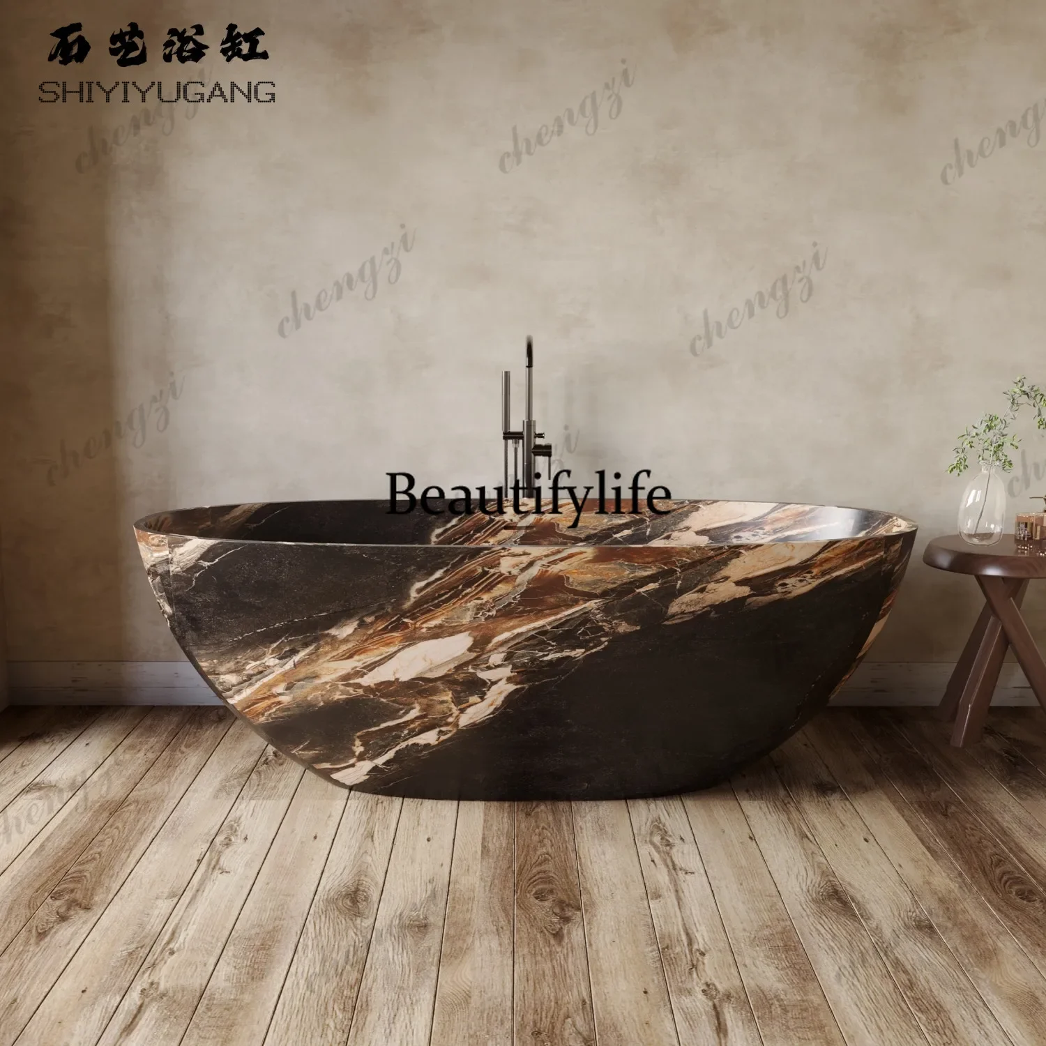 A17 Nuo brown artificial stone oval bathtub hotel bed and breakfast bathroom couple double deep bath bath