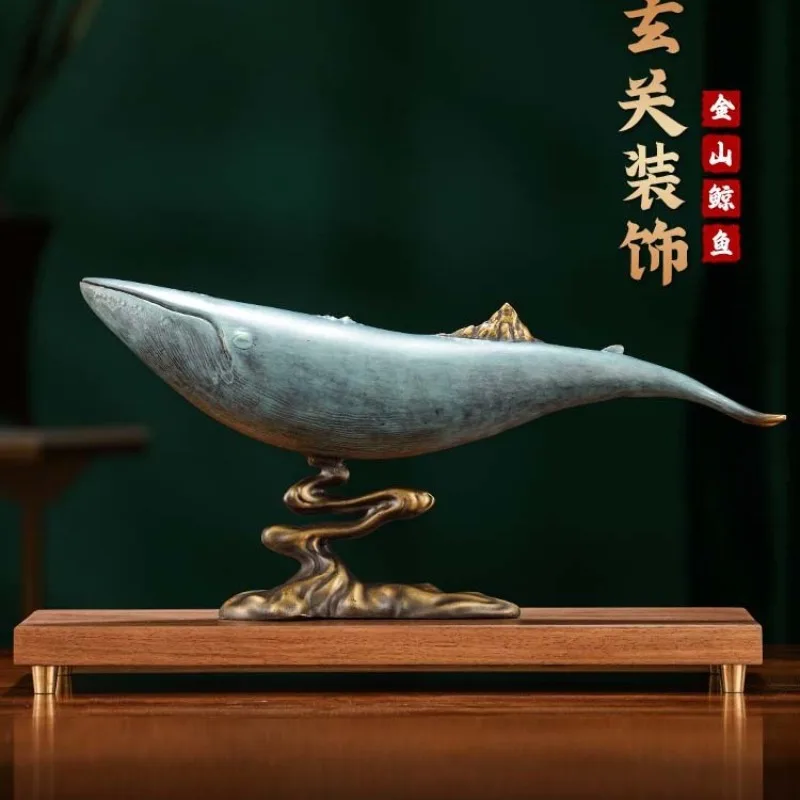 Solid Brass Whale Figurine with Mountain Landscape, Tabletop Ornament for Living Room Wine Cabinet Office Decor