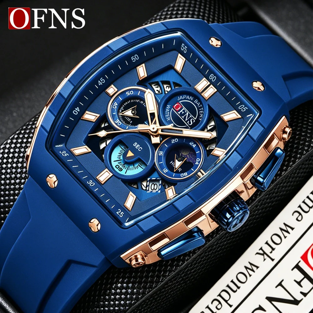 OFNS Business Brand Man Wristwatch Waterproof Silicone Luminous Men Watch Chronograph Date Men's Quartz Watches Reloj
