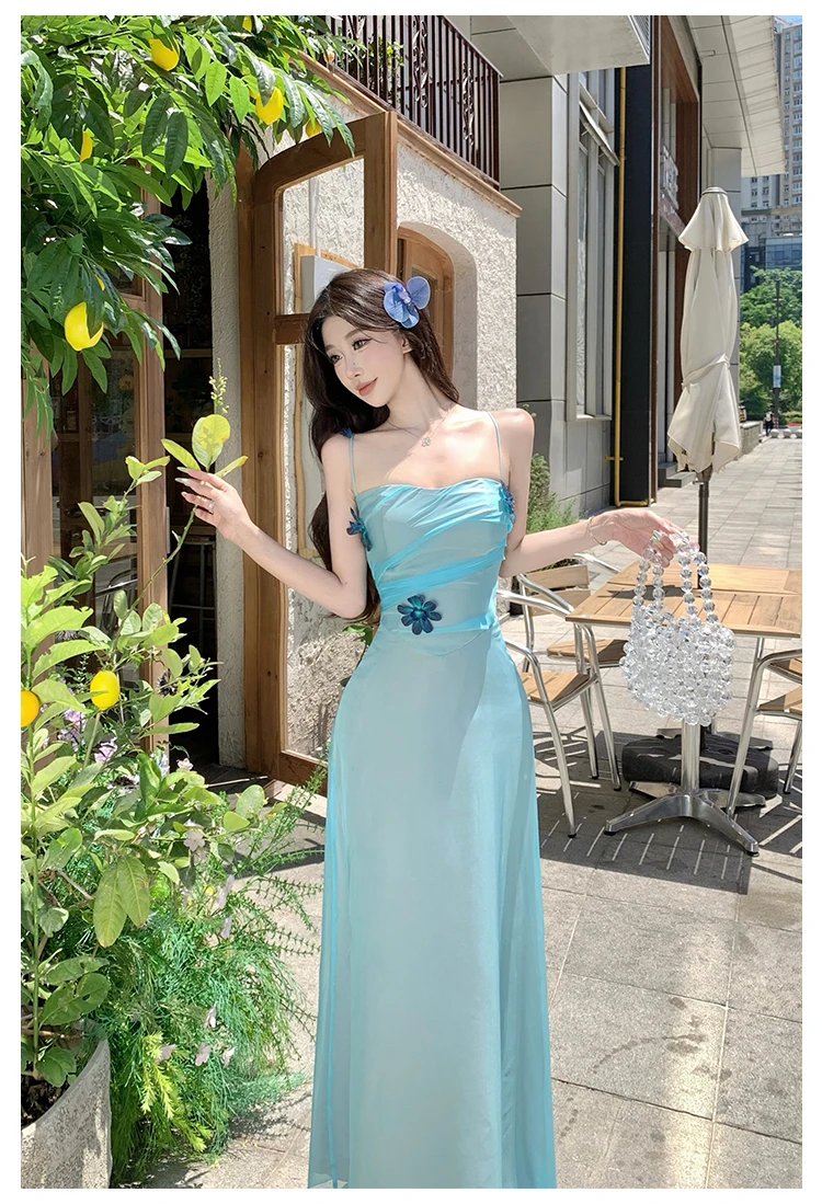 Luxus-Party-Abendkleid 2025, weibliche Mode, blauer Chiffon, sexy Schlinge, schlank, gerafft, Boho-Urlaub, Strand, langes Kleid, Robe