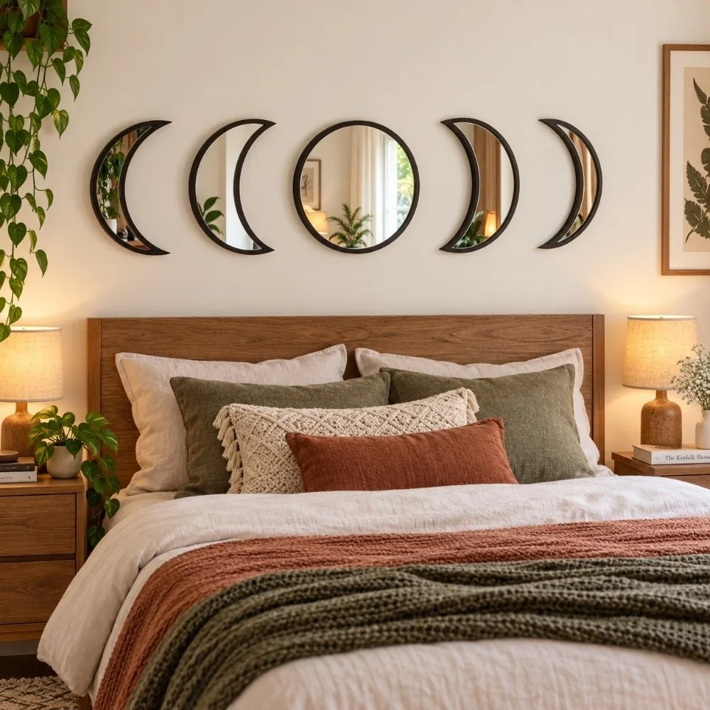 5 Pieces Set Moon Phase Mirror Scandinavian Style Wooden Frame Acrylic Wall Decor Acrylic Material Natural Decor