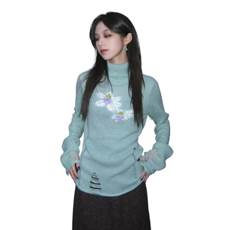 

Американский ретро жаккардовый рваный вязаный свитер с высоким воротником для женщин 2026, осенне-зимний модный облегающий фигуру вязаный свитер, топ