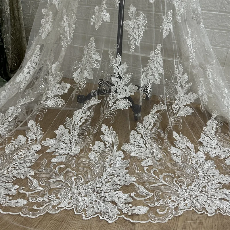 High Quality Clear Sequins Off whtie Rayon French Lace Bridal Wedding Gown Dress Lace Fabric 1 Yard