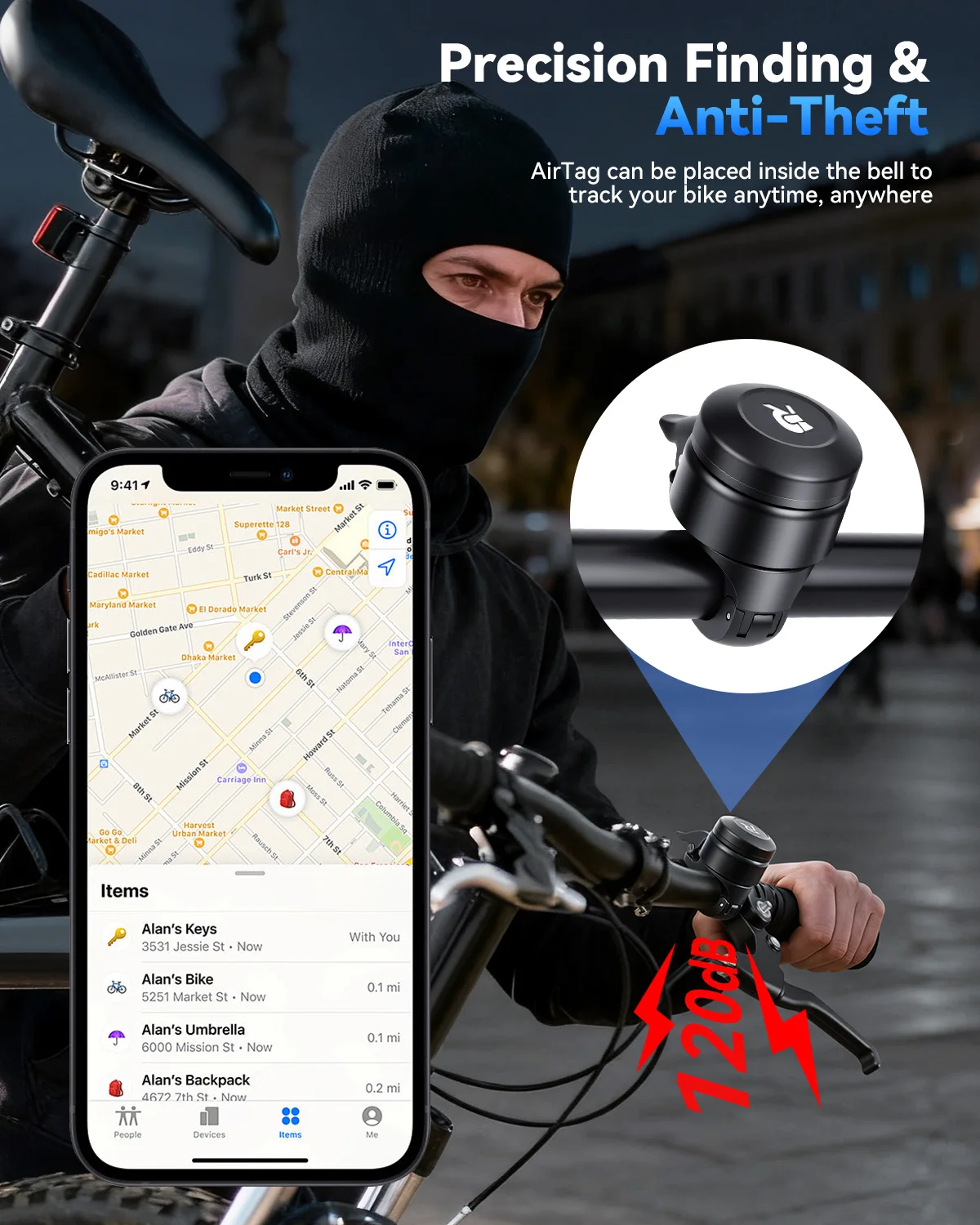 Rockbye 120dB Bike Bell For Apple AirTag Waterproof ‎Handlebar Mount Bicycle Bell Hidden GPS Tracker Cycling Bike Accessories