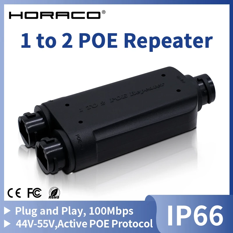 HORACO 2 Port Waterproof POE Repeater IP66 10/100Mbps 1 to 2 PoE Extender with IEEE802.3af/at 48V Outdoor for POE Switch Camera