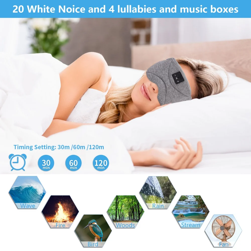 Zestaw słuchawkowy 3D Sleep bezprzewodowy zestaw słuchawkowy Bluetooth V5.0 Stereo opaska na głowę wygodna muzyka maska na oczy opaski na oczy