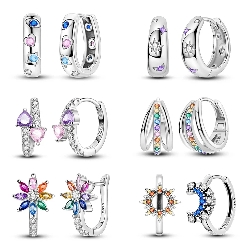 New 925 Sterling Silver Hope Rainbow Flower Earrings For Women Sparkling Colored Zircon Star Koi Earrings Fashion Party Jewelry