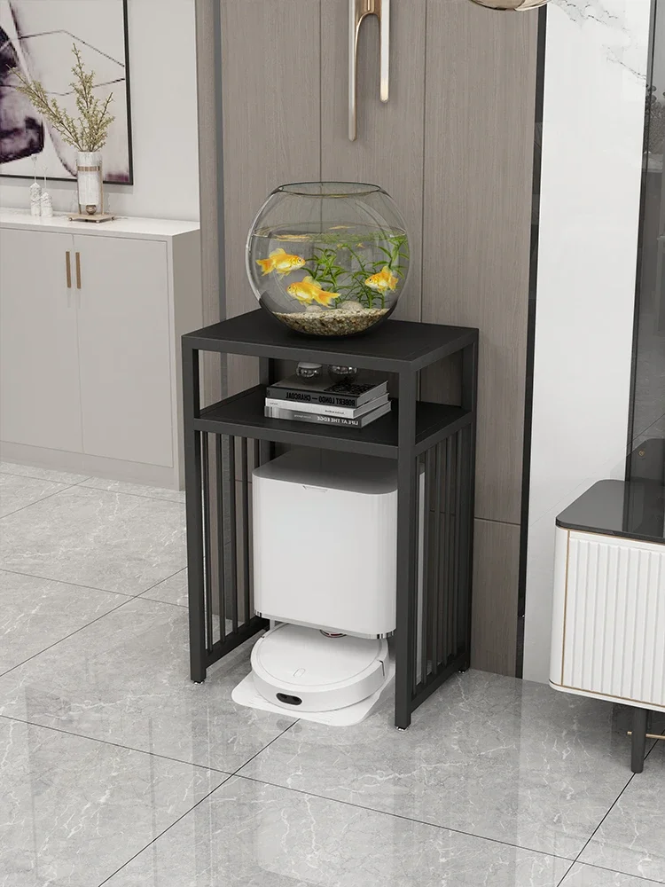 A few sweeping robots by the sofa, storage rack, iron fish tank rack, base, water dispenser, multi-layer cabinet