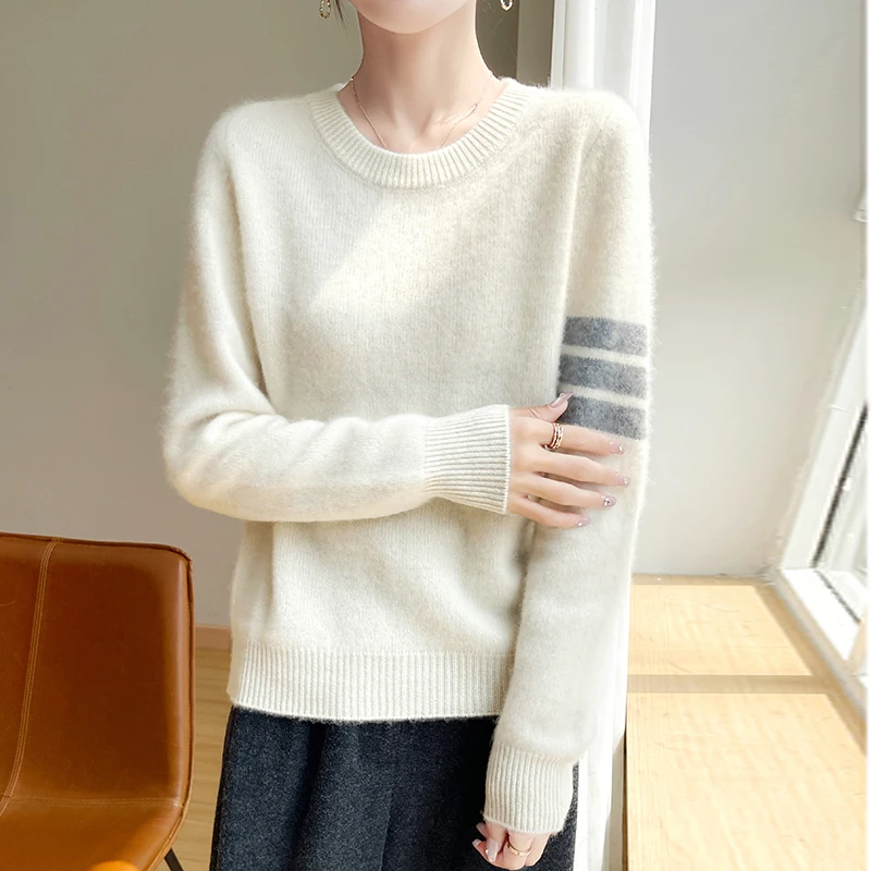 

Свитер из 100% натуральной чистой шерсти для женщин, серый пуловер с круглым вырезом, свободный крой, стильная трикотажная базовая рубашка на осень и зиму
