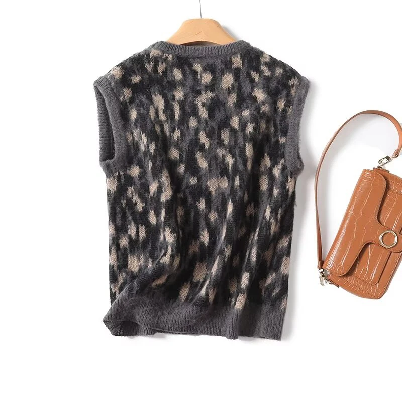 YENKYE High Street Women Vintage Leopard Print Knit Vest Round Neck Sleeveless Autumn Crop Pullover Casual Tops