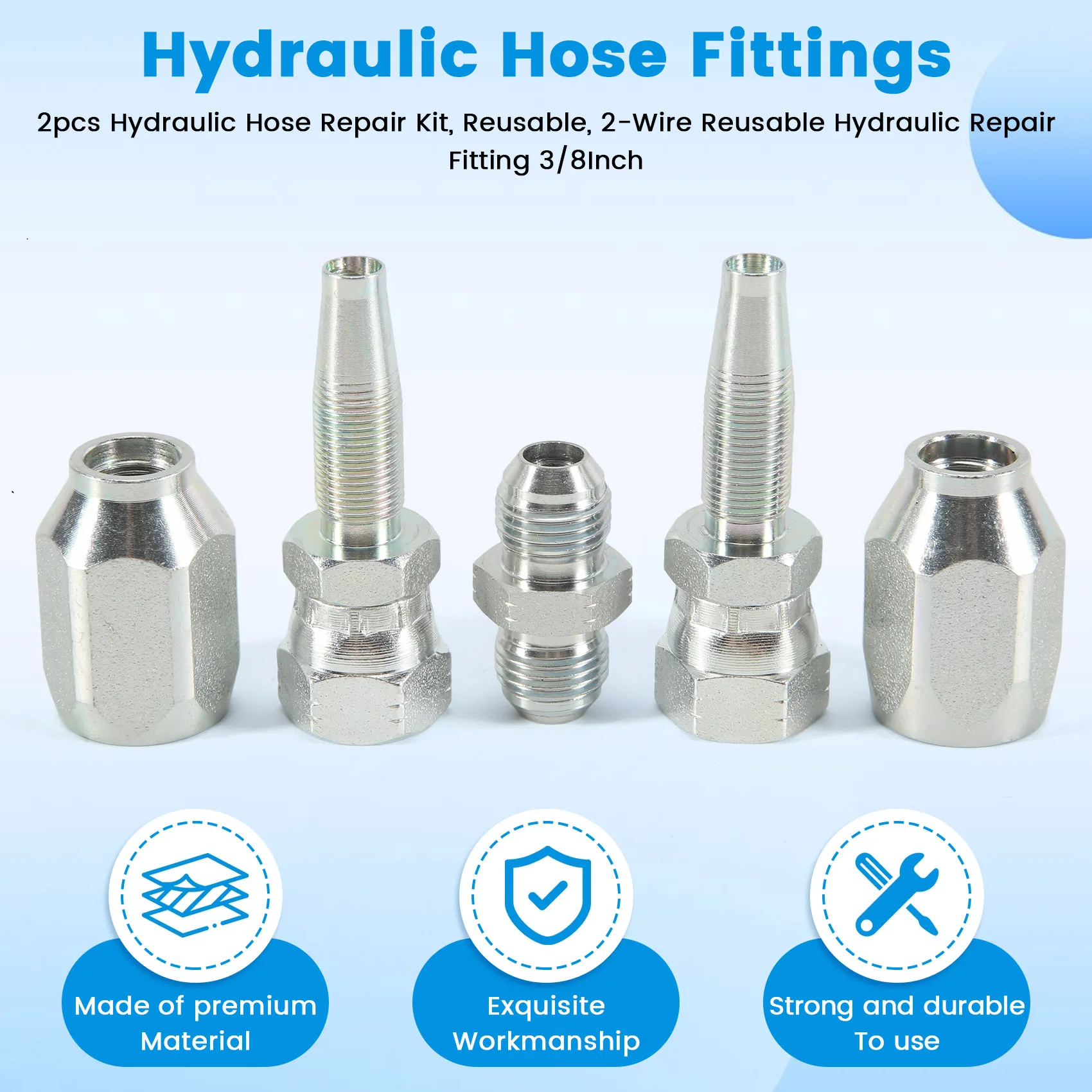 B62B 2pcs Reusable Hydraulic Hose Repair Kit 3/8Inch, 2-Wire Hydraulic Fittings for R2 R16 R17 R19, Leak-Proof