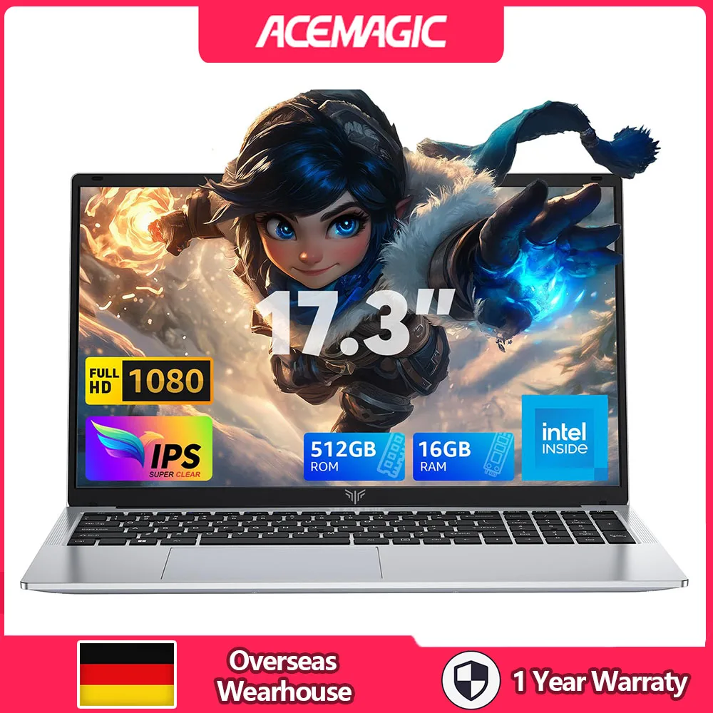 ACEMAGIC 17.3inch Laptop with High Performance Quad Core-12th Alder Lake N97 Computer Computer Spacious Storage 16GB RAM GB ROM