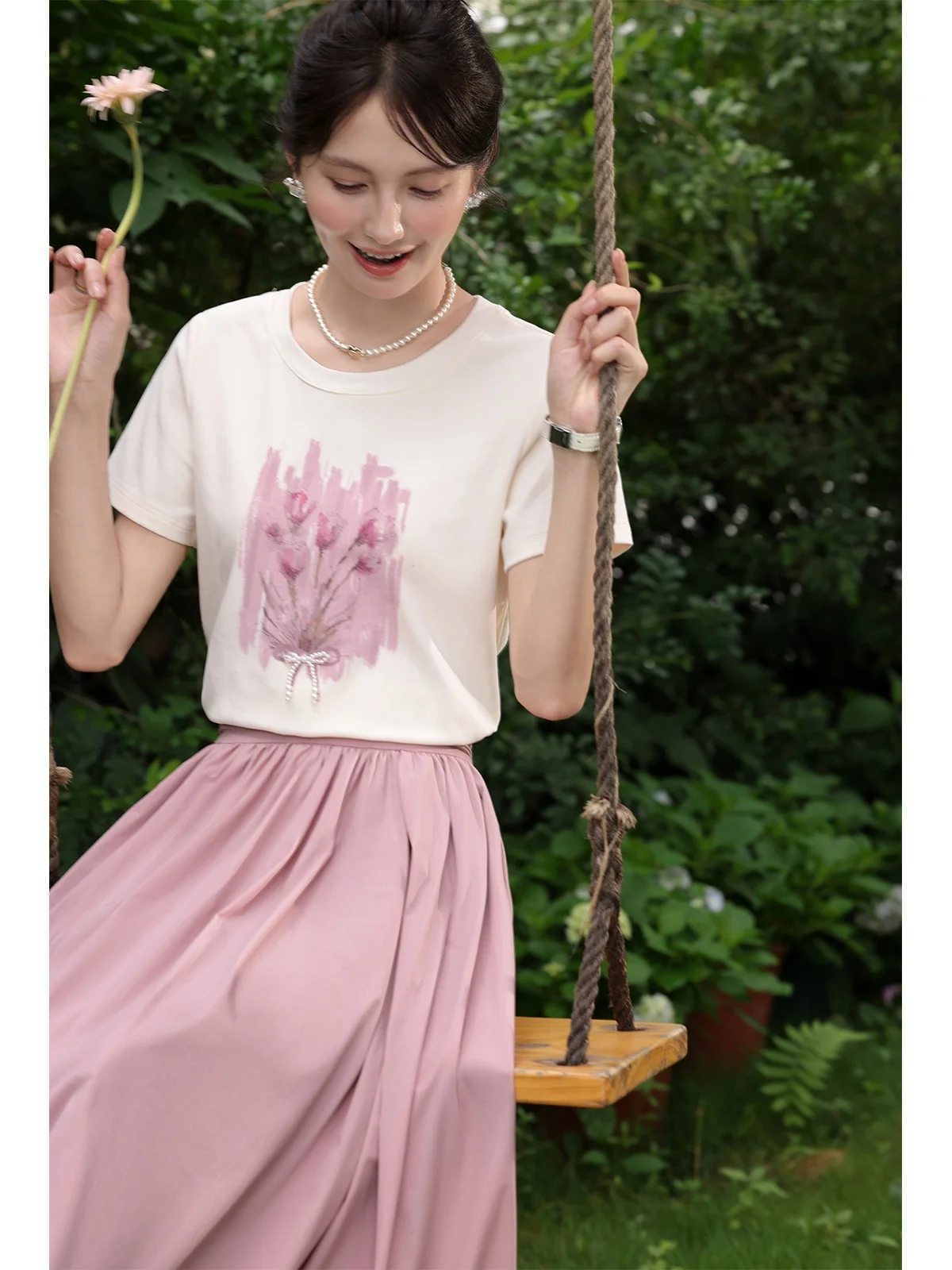 South Deer Peach Blossom Language Gonna rosa f-lunghezza Vita alta A-line Garza Gonna casual estiva da donna