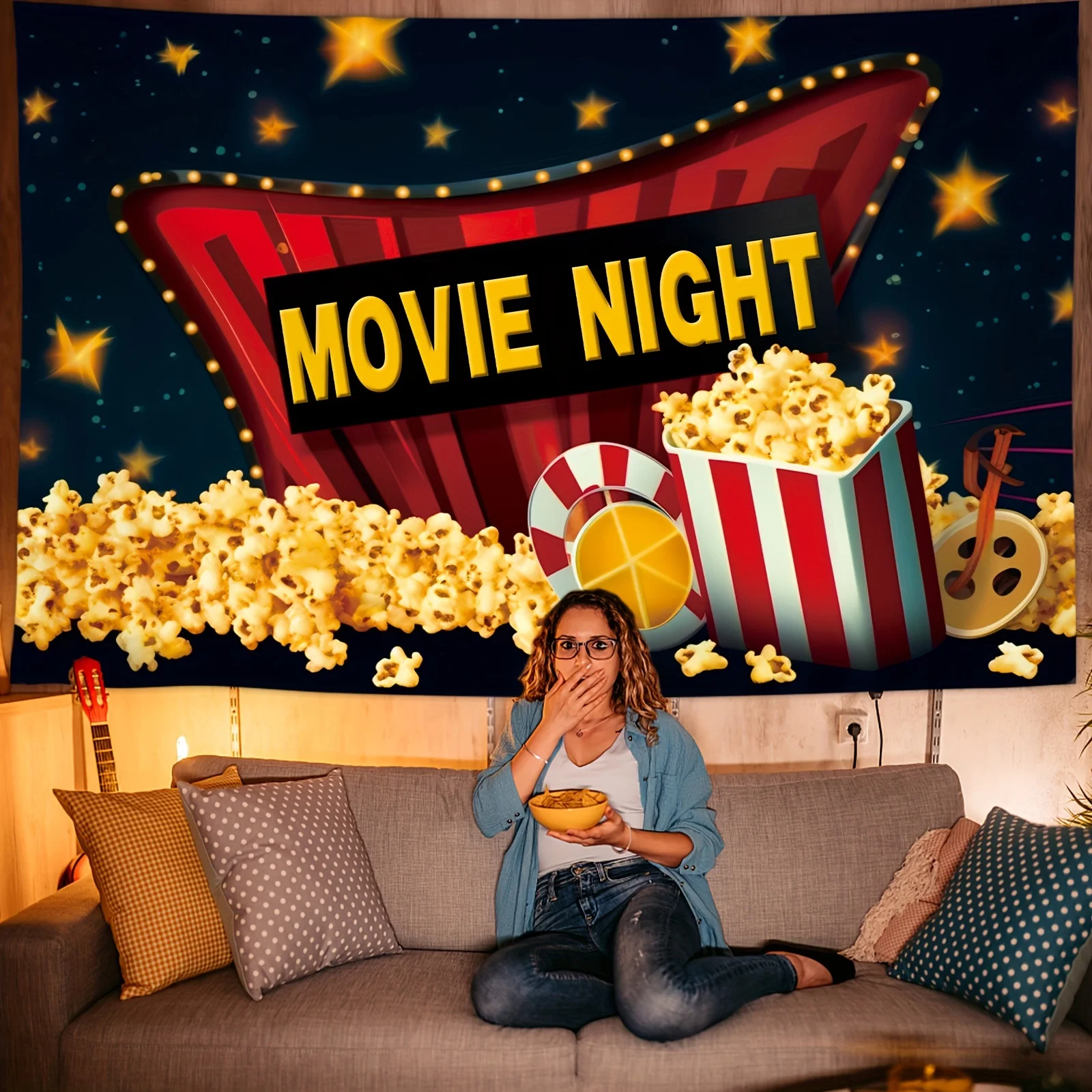 1pc, Movie Night Backdrop Cinema Lights Camera Film Popcorn Tape Party Poster Photography Backgrounds Decorations 59x39 Inch