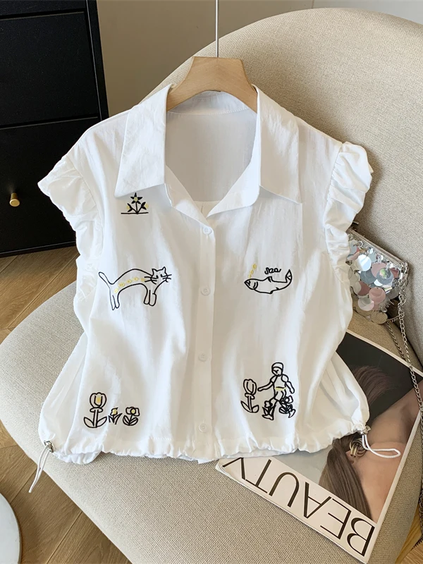 เสื้อผ้าปักลายการ์ตูนทรงหลวม แขนสั้น สำหรับผู้หญิง ฤดูร้อน ผ้าบาง ระบายอากาศได้ดี สไตล์ลำลอง เอวสูง ผ้าถักโพลีเอสเตอร์