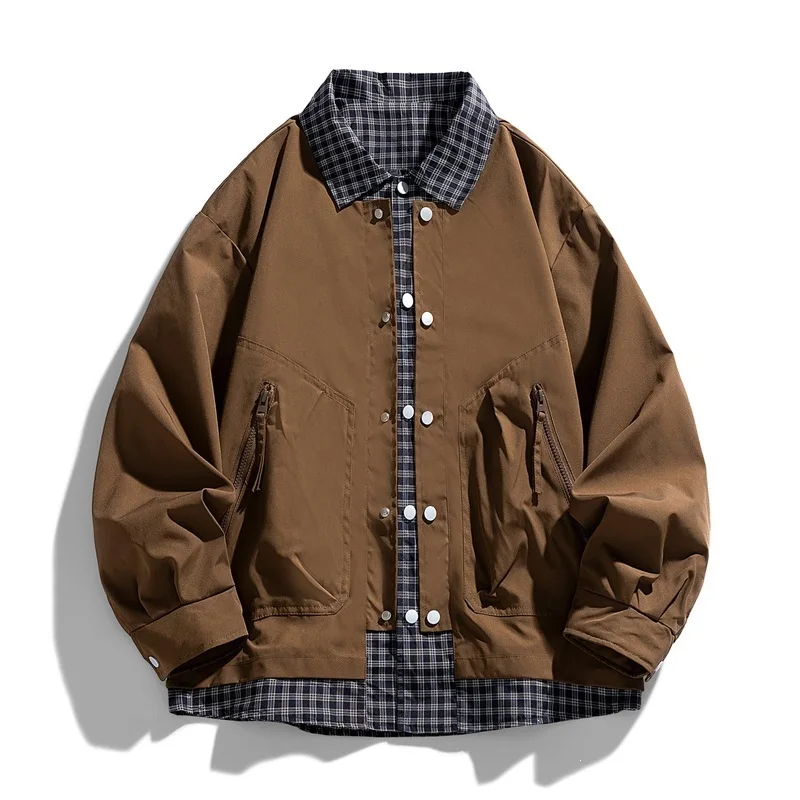 Men Clothing Men's Fake Two-piece Plaid Collar Cargo Jacket Vintage Brown Loose Spliced Check Casual Outerwear