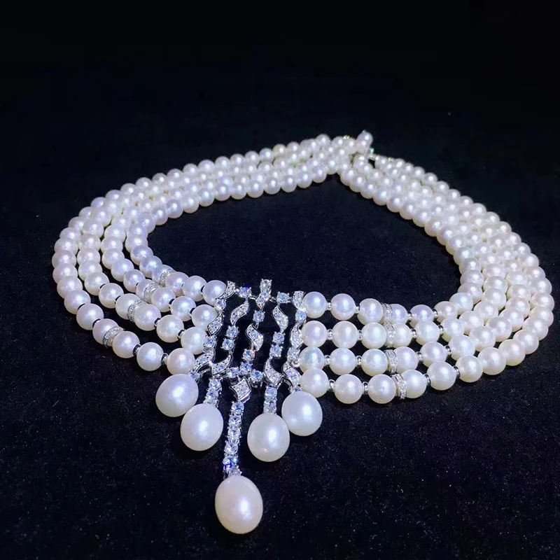ones set  4ROWS freshwater pearl pendant necklace +earrings white near round 7-8MM wholesale nature beads