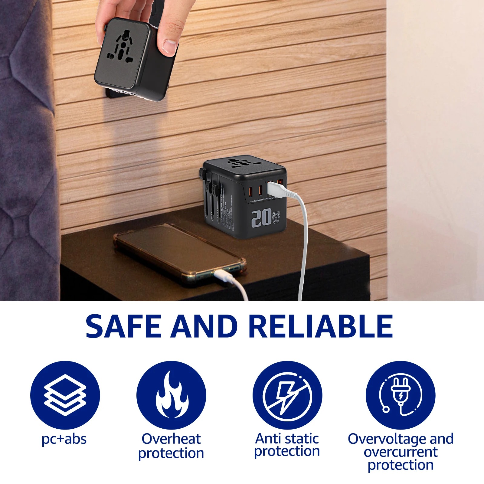 1/2 قطعة شاحن الكل في واحد محول السفر 4 منافذ الطاقة مع 2 USB و2 منافذ Type-C الأساسيات الدولية للولايات المتحدة/الاتحاد الأفريقي الاتحاد الأوروبي المملكة المتحدة 2025