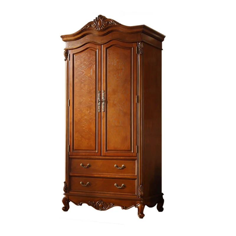 Factory Customize American Style Two Doors Wooden Wardrobe Bedroom Storage Cabinet with Drawers Solid Wood Hotel Furniture