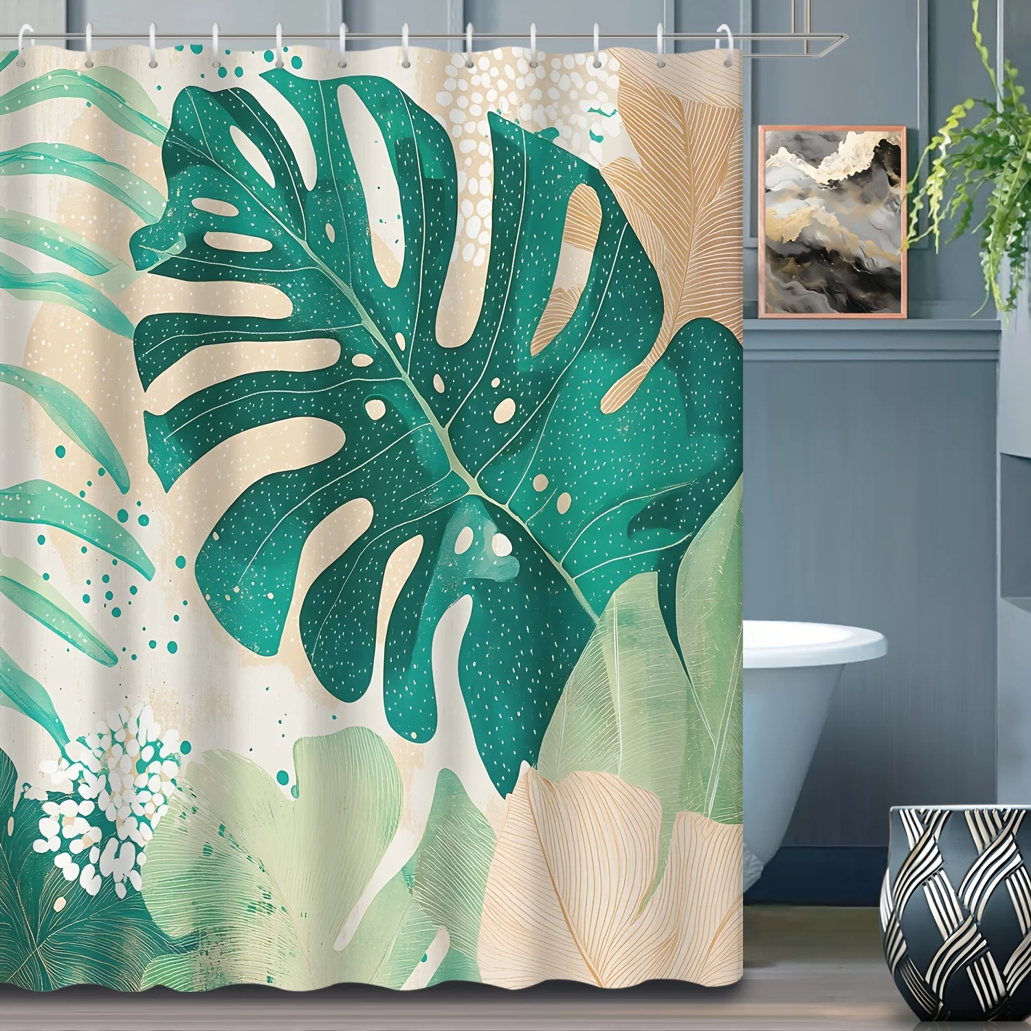 

1pc Spring Home Decor Simple Modern Watercolor Green Plants Monstera Leaf Shower Curtain Partition Curtain, Decorative Printed