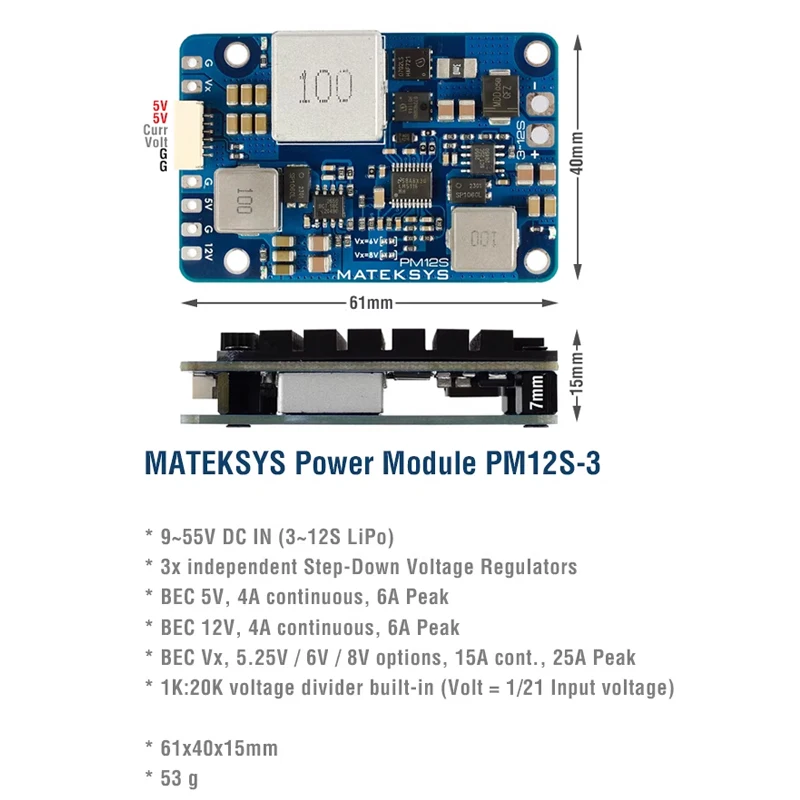 Matek PM12S‑3 Power Module 9‑55V 3‑12S 5V 12V 5.25‑8V Adjustable BEC Power Distribution For RC Fixed‑Wing VTOL Airplane