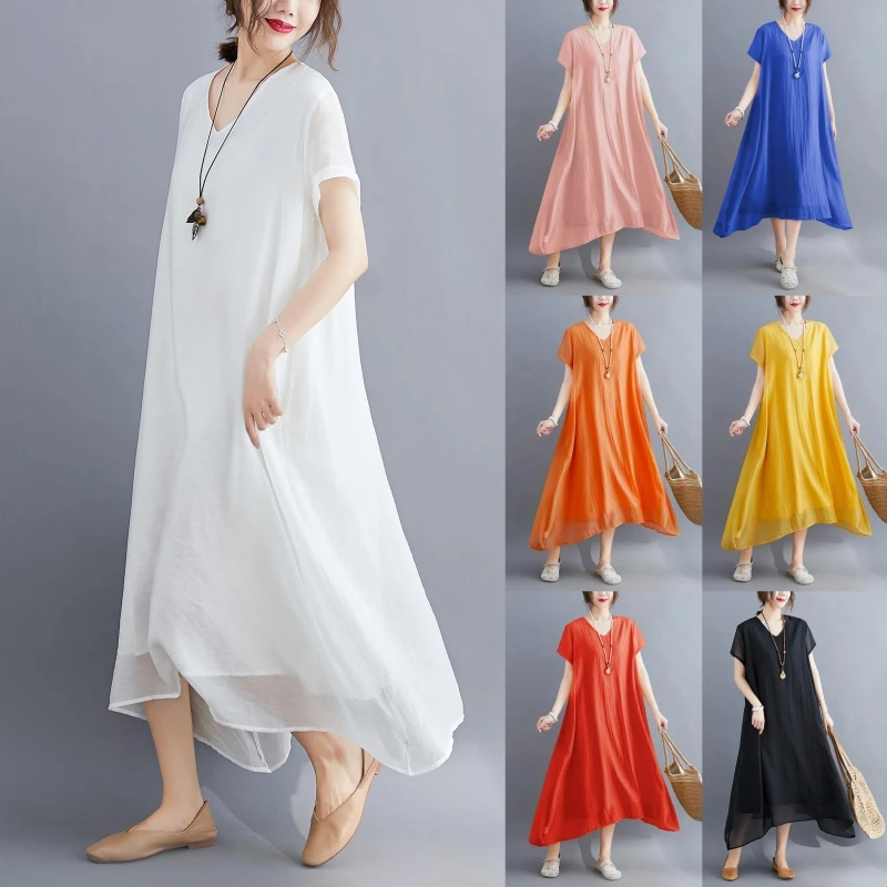 Summer New plus Size Women's Dress Elegant V-neck Silk Cotton Loose Slimming Thin Knee-length Long Dress Citywalk A-line Skirt