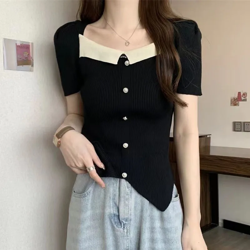 

Модный асимметричный вязаный свитер для женщин, новые облегающие пуловеры с коротким рукавом, вязаный свитер-пуловер, женские топы, женская одежда Q3488