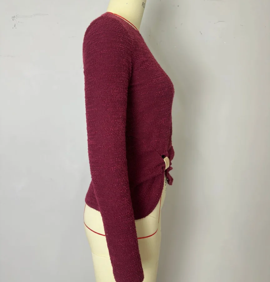 Outono nova cor sólida fivela de metal plissado emagrecimento manga comprida topo