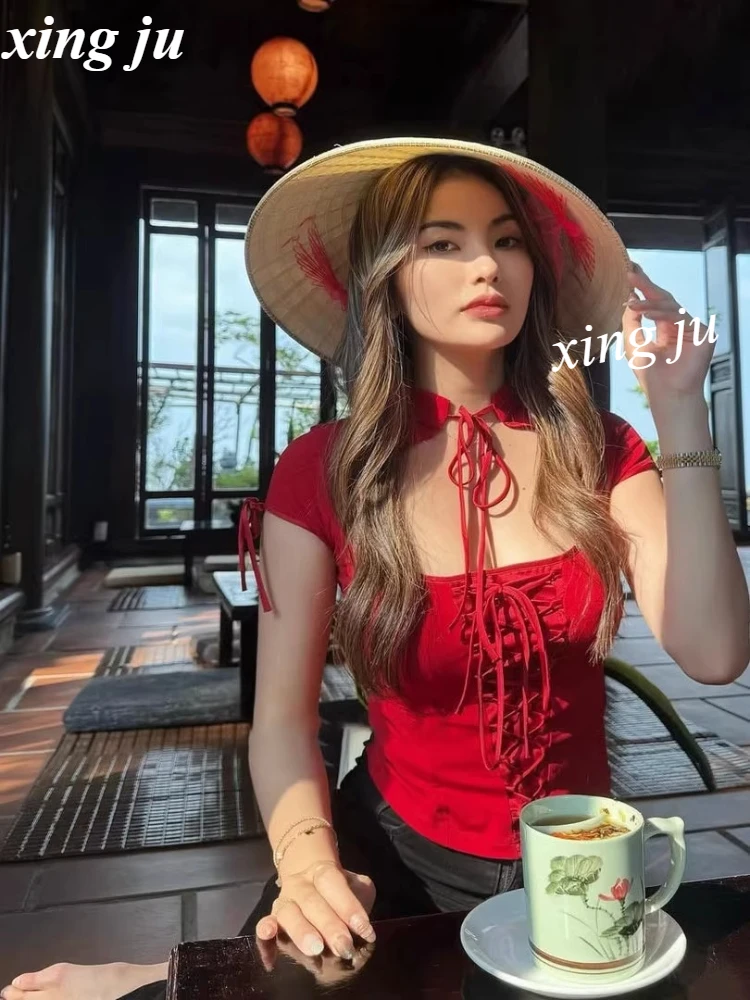 Kpop Summer Korean Singer Jennie Red Hollow-Out Round Neck Vest Sexy Lace-up Short Sleeve Crop Tops Jazz Dance Stage Costumes