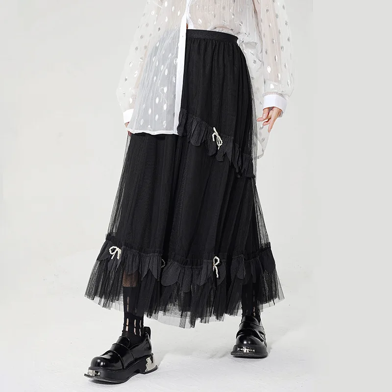 

2024 Summer New Dark Street Style Mesh Spliced Wooden Ear Edge Skirt Women Show Slim Fashionable A-line Skirt LX235