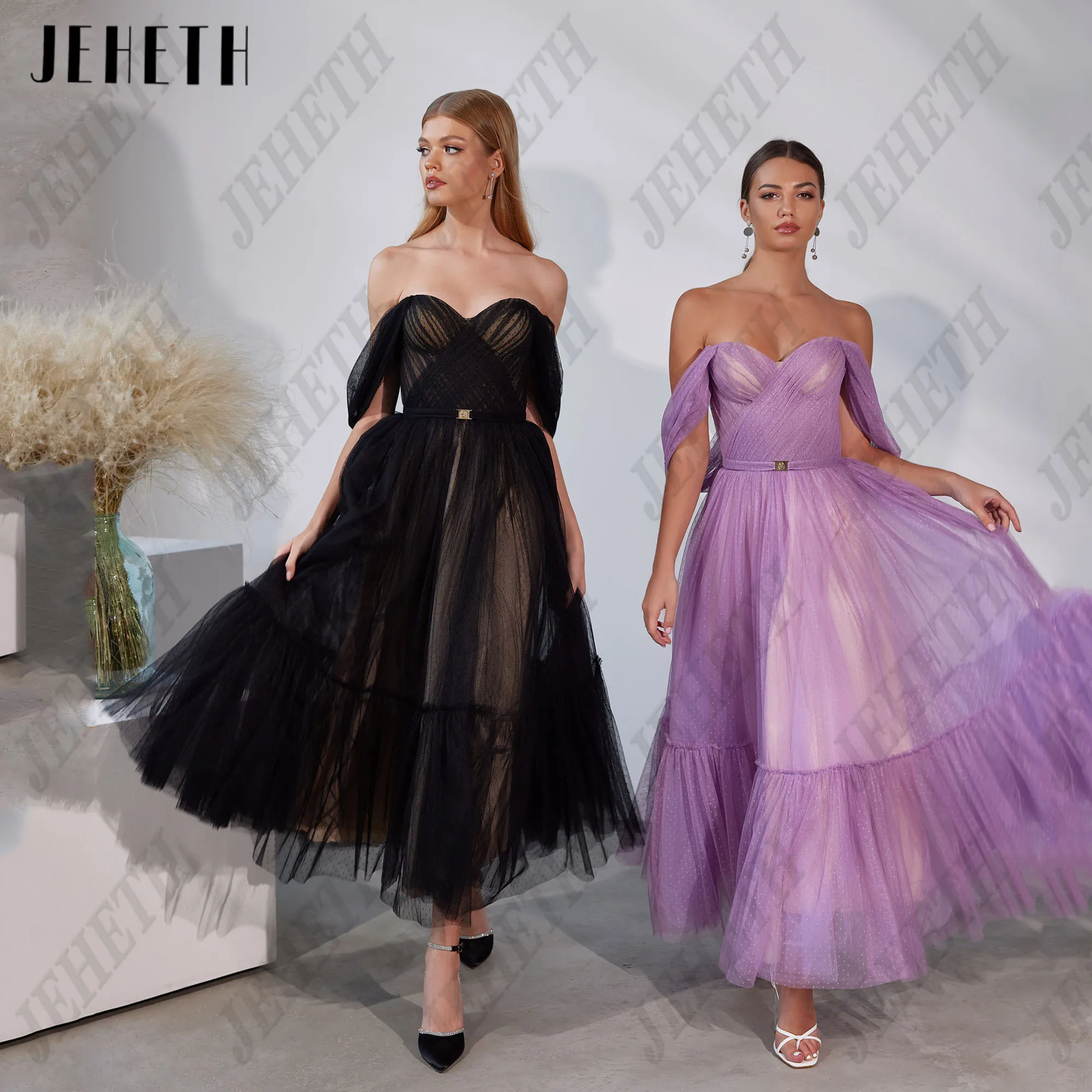 

JEHETH A-Line Midi Prom Dresses Off Shoulder Strapless Formal Occasion Gowns for Women Ankle Length Evening Dress Customized