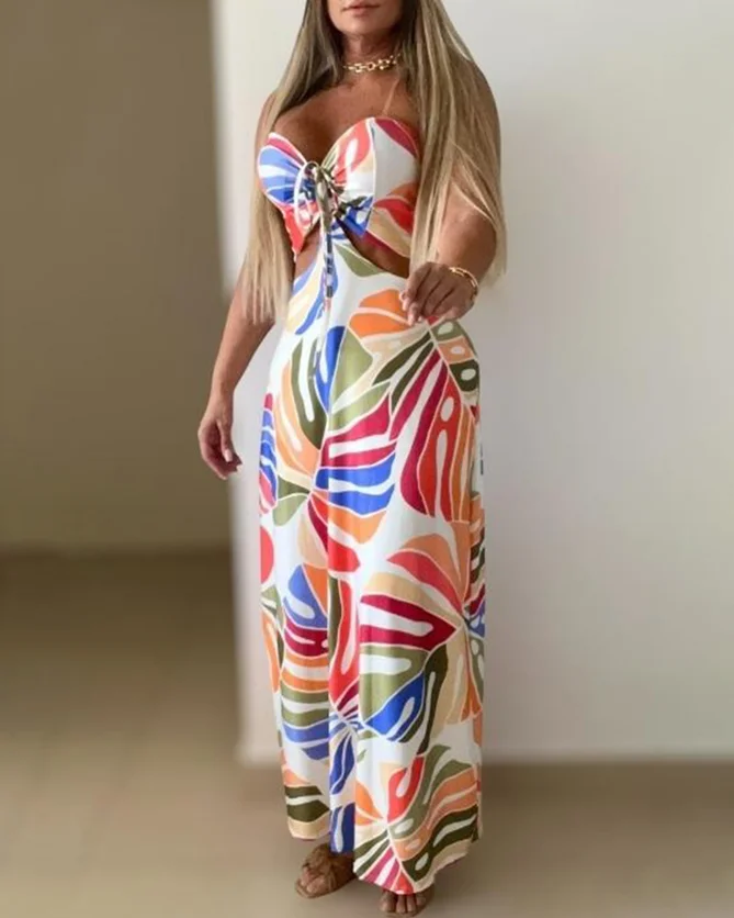 

Women's Dresses Summer Colorblock Plants Print Bandeau Lace Up Maxi Dress Women Casual Hollow Out Sleeveless Vacation Dresses