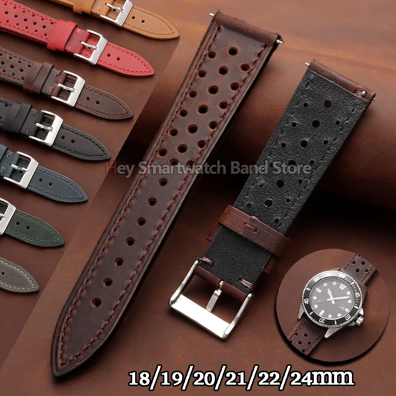 Vintage Leather Watch Strap 18mm 19mm 20mm 21mm 22mm 24mm Handmade Quick Release Watch Strap Brown Breathable Porous Watch Band