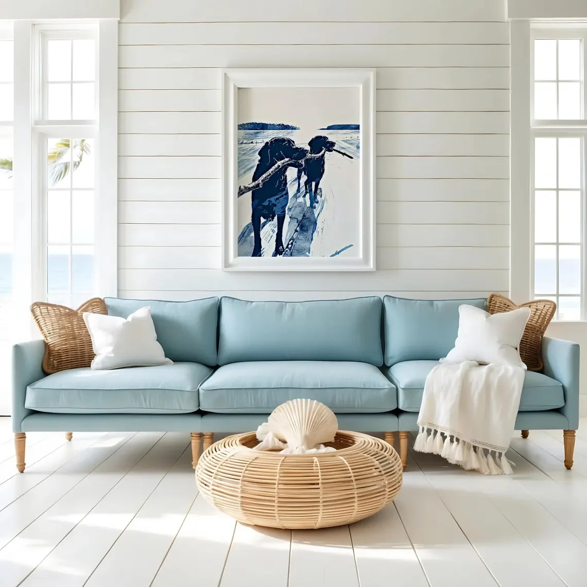 Labs Find Driftwood | Cute Waterdog Sketch | Labrador Retrievers Playing | Summertime Art For Dog Lovers | Lake Beach Home