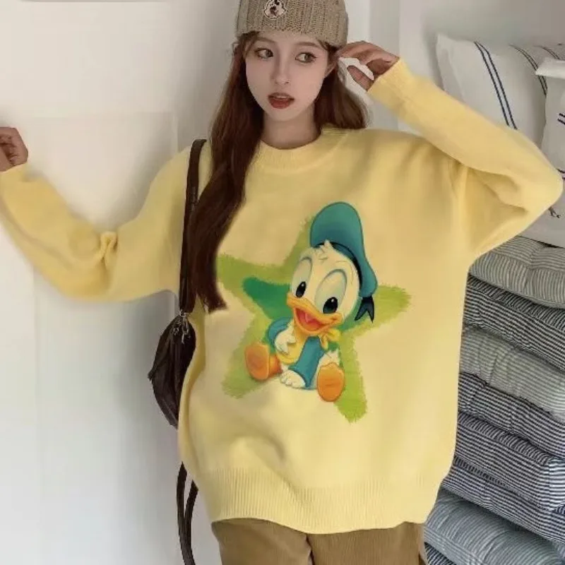 Cartoon Donald Duck Sweater Women Autumn/Winter New Donald Duck Pattern Round Neck Knitted Tops Casual Pullover Y2k Clothes 2025