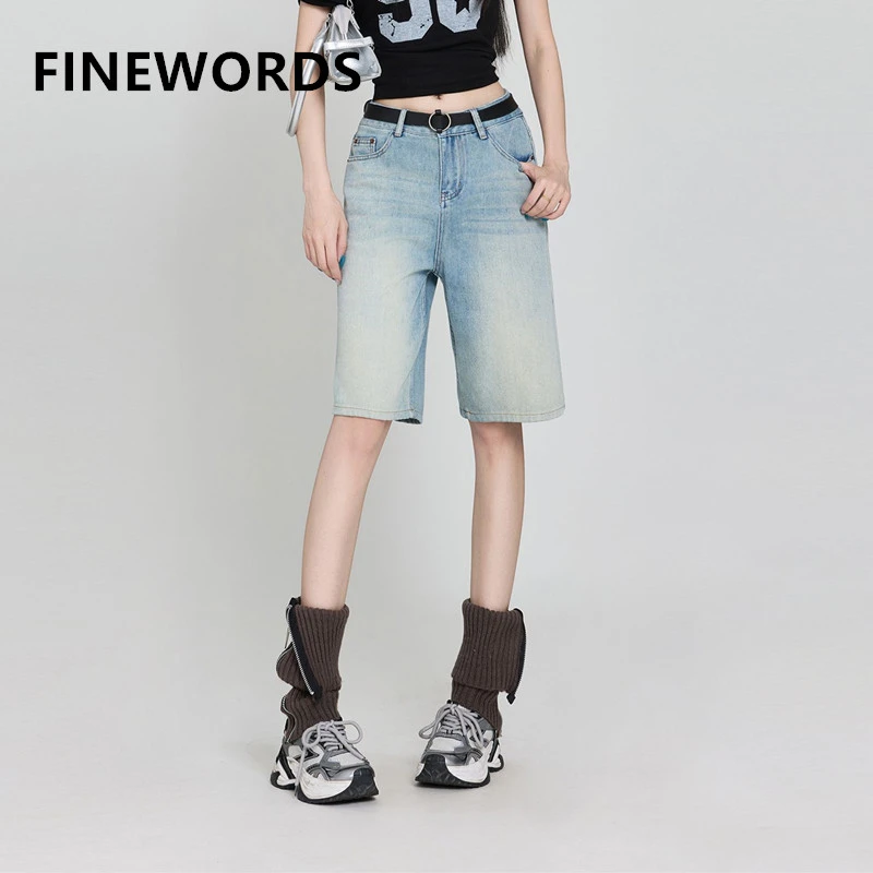 

FINEWORDS Vintage Casual High Waist Summer Shorts Jeans Women Easymatch Middle Denim Shorts Streetwear Daily Loose Beach Shorts