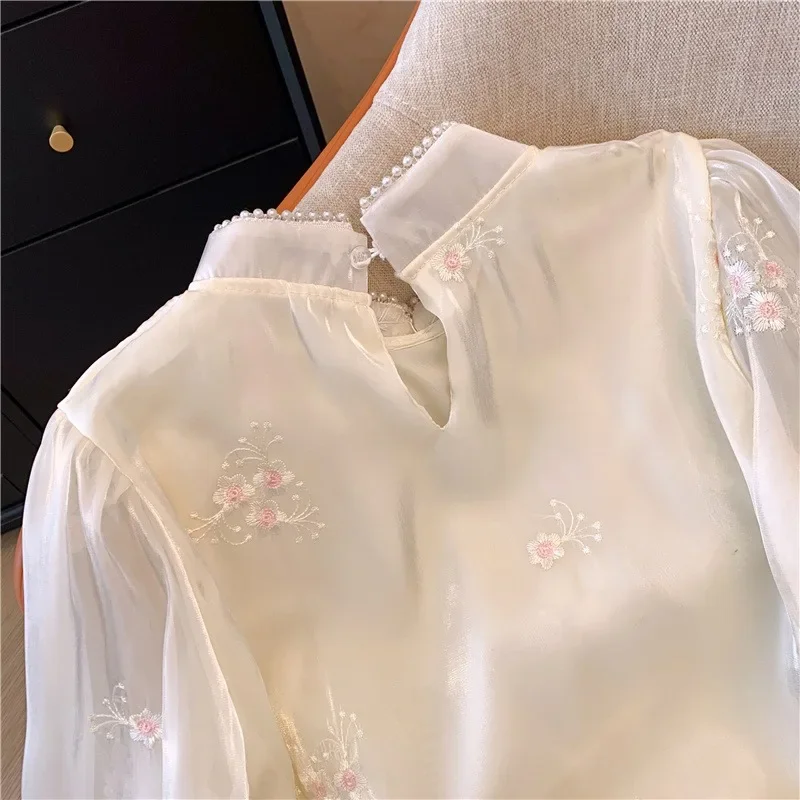 Embroidery Chinese Style Blouses Spring/Summer Vintage Women's Shirt Loose Chiffon Women Tops Long Sleeves Clothing