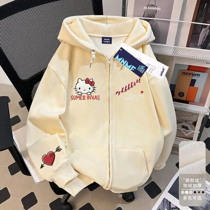 

Женская толстовка на флисовой подкладке Sanrio Hello Kitty с капюшоном на молнии для девочек, осенне-зимняя, с вышивкой в виде сердца, имитация модной одежды