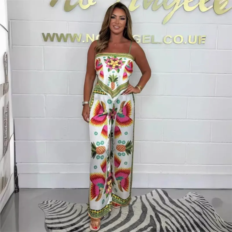 Women Retro Print Strapless Tops And Wide Leg 2 Pieces Sets Camis Backless Bow Tie And Trousers Office Lady Two Pieces Suits New