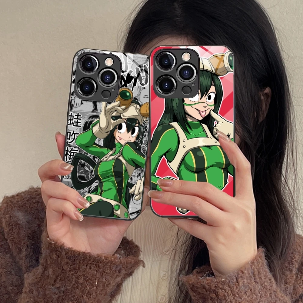 Hero Tsuyu Asui Froppy Cell Phone Case for iPhone 15 14 13 12 11 X XR XS 8 Pro Max Plus Mini PC Glass Phone Cover Shell