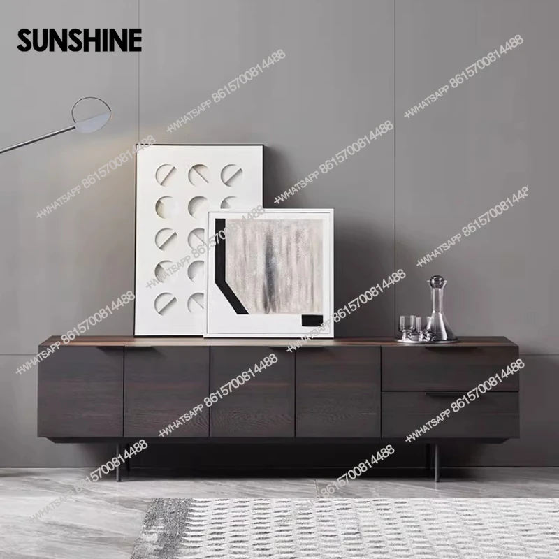 

Italian modern simple living room TV cabinet, minimalist smoked solid wood floor cabinet
