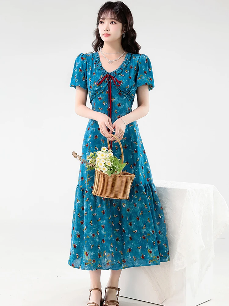 

Women Elegant Dress 2025 New Summer Fashion Bowknot V-Neck Print Floral Short Sleeve High Waist A-line Chiffon Dress Robe Femme