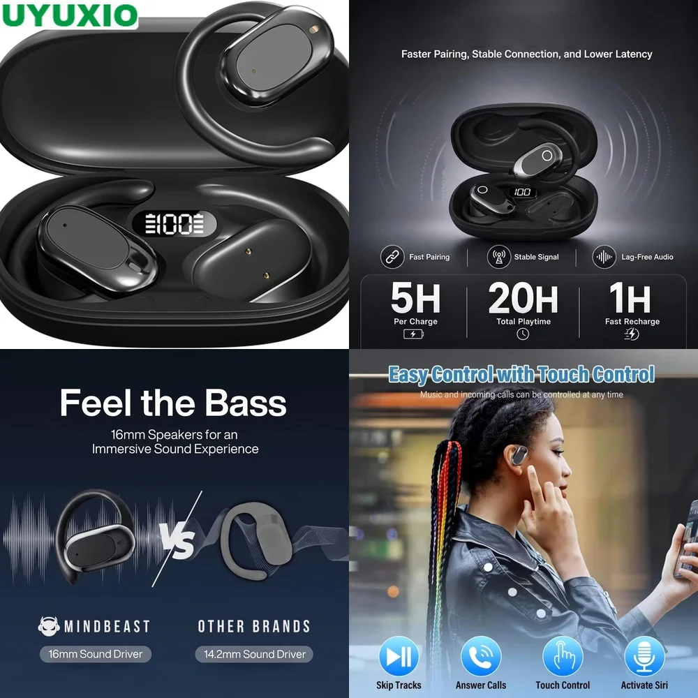 Open Ear Earbuds and Wireless Headphones featuring BT 5.4 90° Rotatable Hook 16mm Bass LED Display IPX5 ENC Mic for Running.