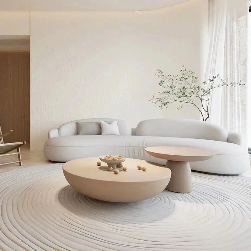 Minimalist High-end  Coffee Table Glass Fiber Round Simple Cream Style Tea Table High and Low Combination