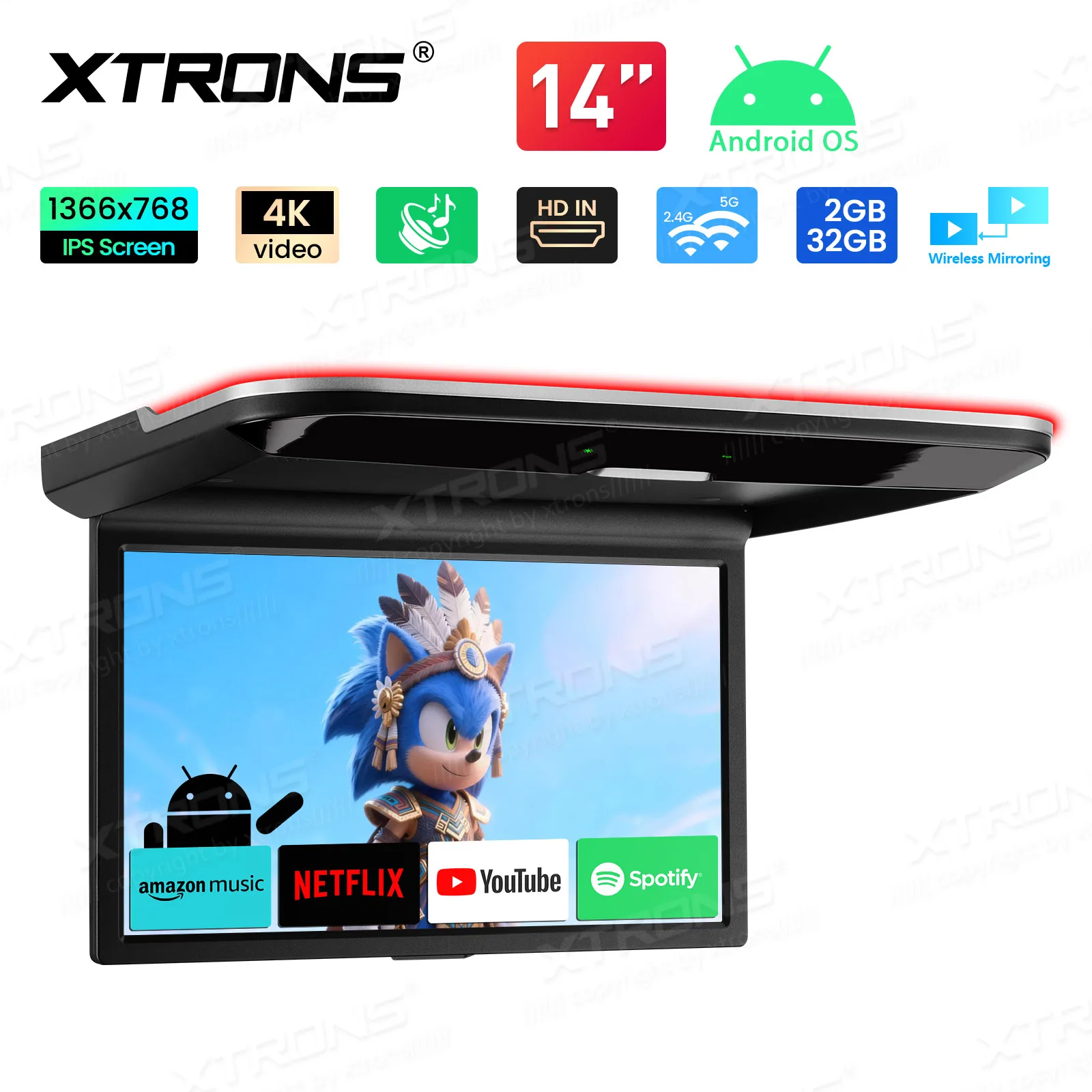 XTRONS Reproductor Multimedia para Techo de Auto de 14" con Android 12, Pantalla HD Abatible, Monitor de Auto con Video 4K, Montaje en Techo, WIFI, Quad Core, 2+32GB 1