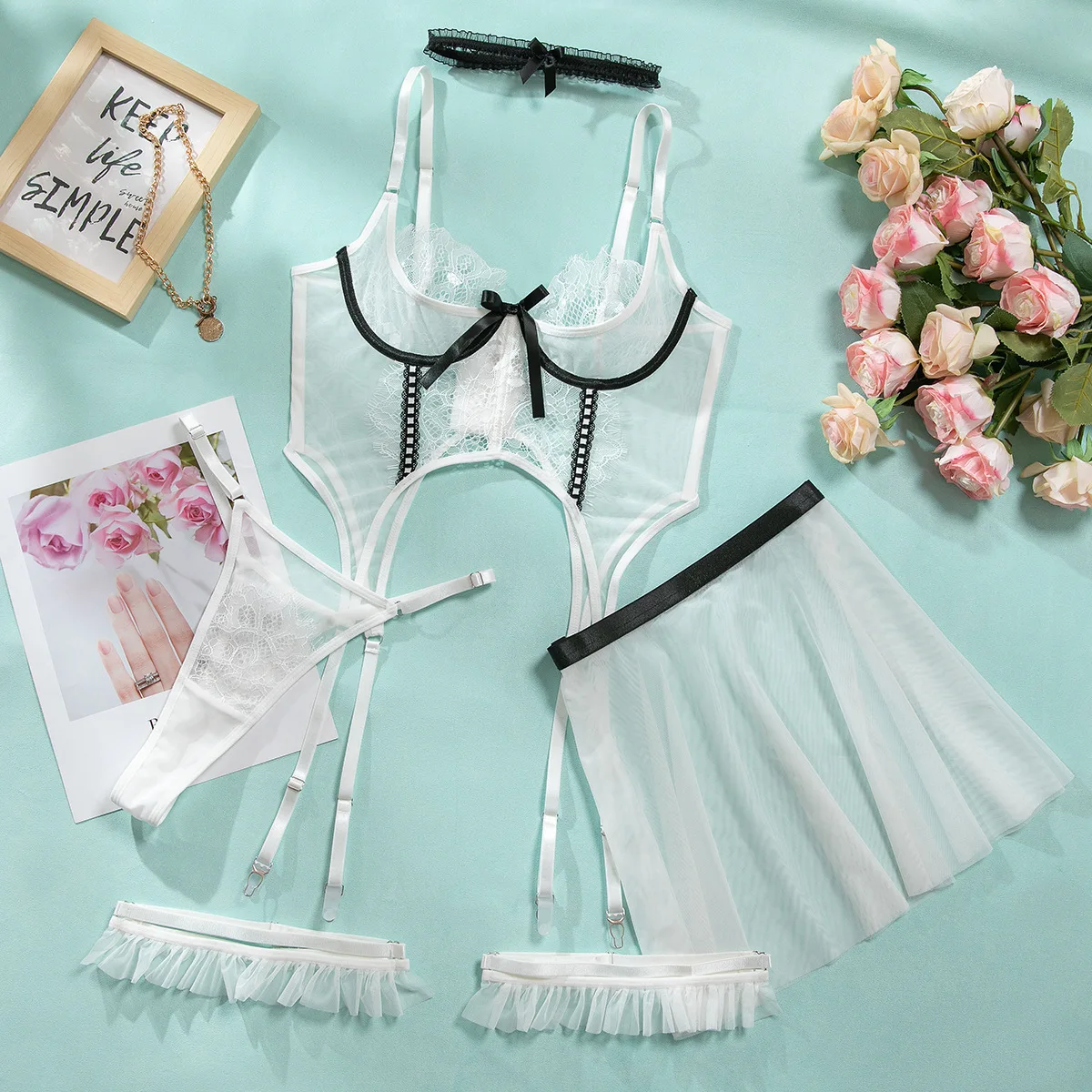 

New Sexy Splicing Lace Underwear Set Women's Perspective Temptation Thin Straps Five Piece Thong Set Female Exotic Apparel Sets