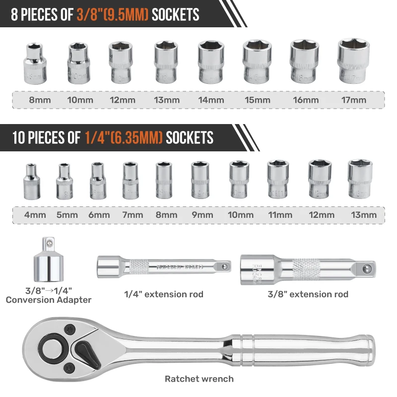 22ピース-1-4インチ-3-8インチ-ドライブソケットレンチセット-自動車修理ツールキット-ラチェットレンチ-六角ソケット付き-収納ケース付き-車-家庭用