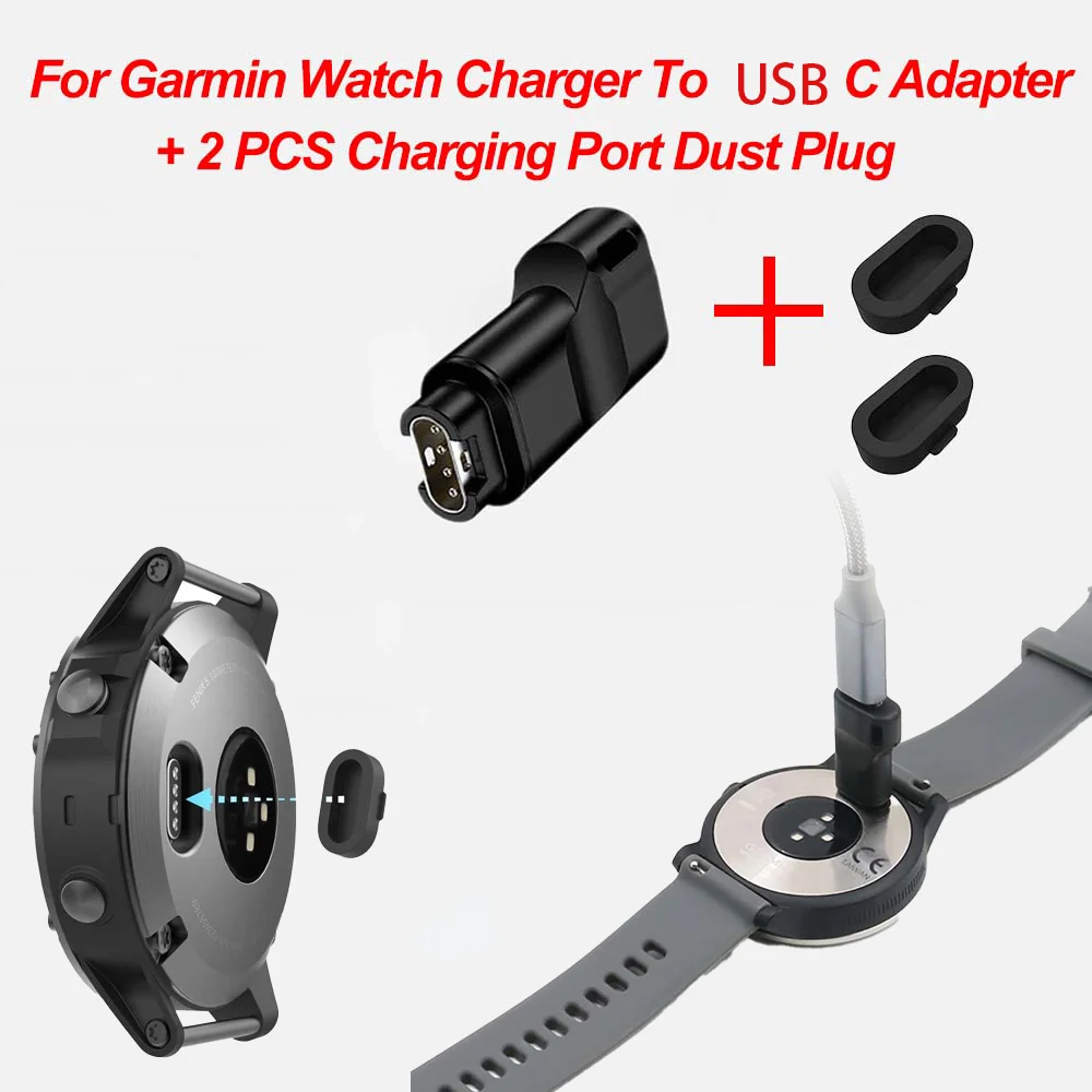 Mini Charger+2PCS Charging Port Dust Cover Cap + Adapter for Garmin Forerunner 265 965 Charging Converter for Fenix 7 7S 7X 6 6S