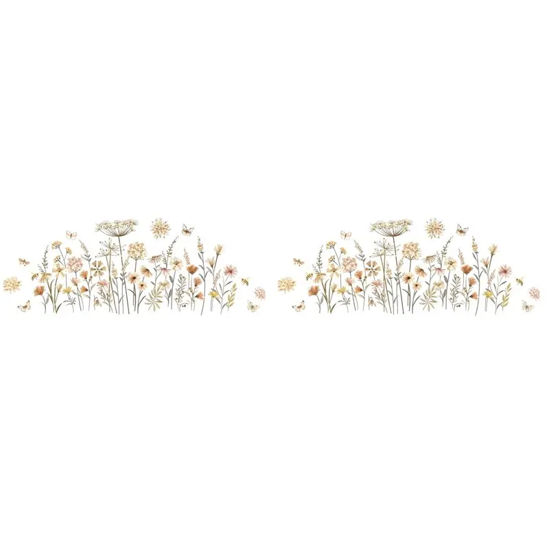 【EFFICIENT 】2X Boho Flower Wall Stickers Wildflower Floral Grass Decals For Baby Nursery Girls Bedroom Kids Room Wall Decoration